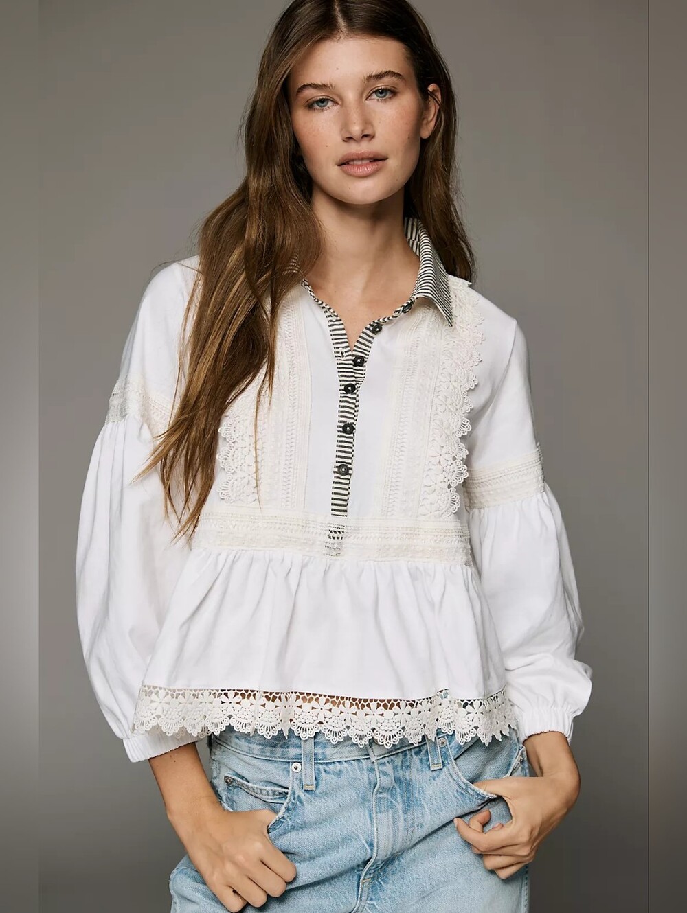 Maeve 100% Cotton Lace Placket Blouse Size  Small